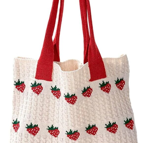 Cute Strawberry Pattern Tote Bag Crochet Tote Bag Shoulder Bag Handbags Knitting - Picture 1 of 6